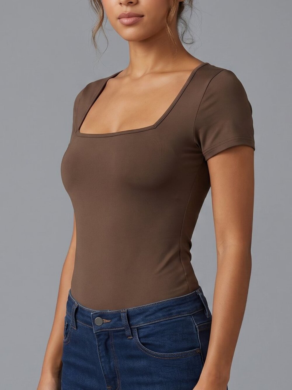 NWOT | Brown Square Neck Short Sleeve Fitted Bodysuit | X-Small
